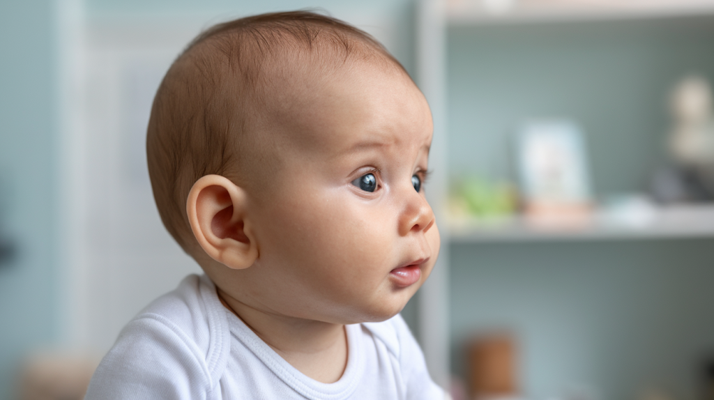 A side profile photo of a baby with moisturized skin. The baby has a cute expression and is wearing a white onesie. The background is a light blue room with a few items.