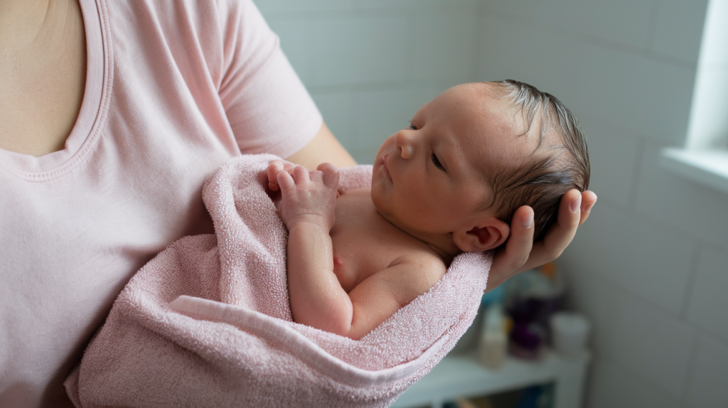 A photo of a newborn baby being bathed. The baby is wrapped in a soft towel and is being held by a mother with a pink shirt. The background is a white room with a window and a few items.