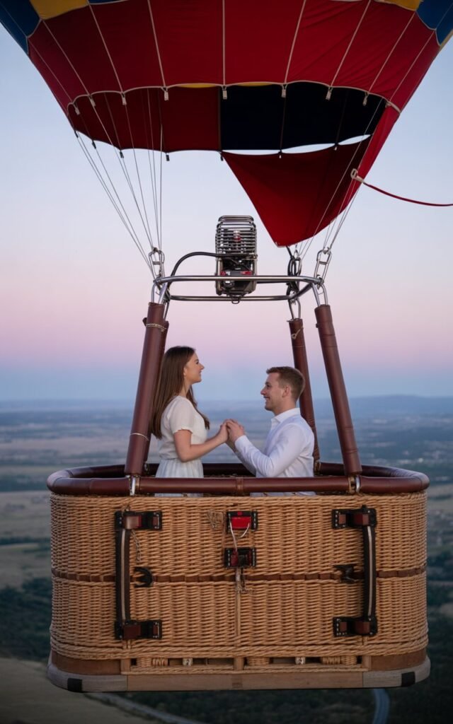 engagement Proposal from a man on his knees to a woman inside a Hot Air Balloon