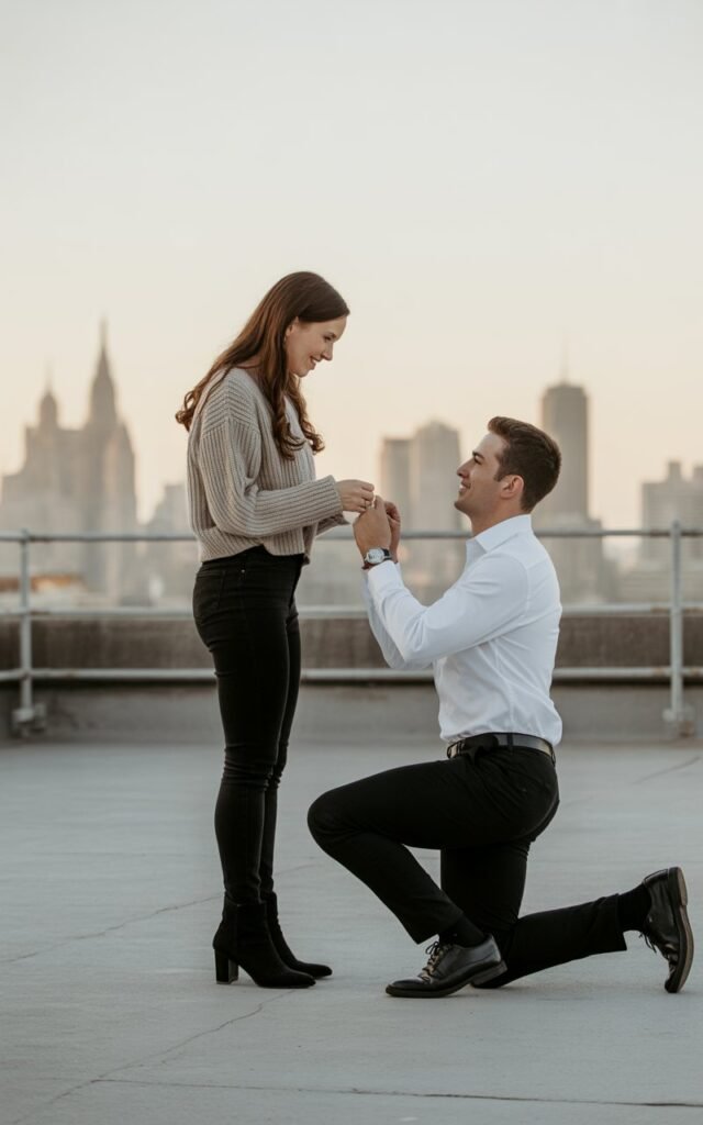 engagement Proposal from a man on his knees to a woman on a Rooftop