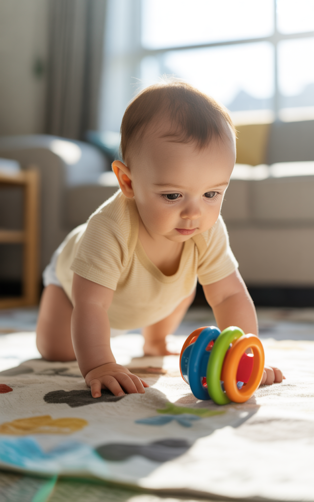 Full closeup of baby 10-12 months old crawling determinedly toward colorful toy, demonstrating goal-directed behavior and problem-solving skills during cognitive development milestone, focused expression on baby's face, bright natural lighting, active learning moment.