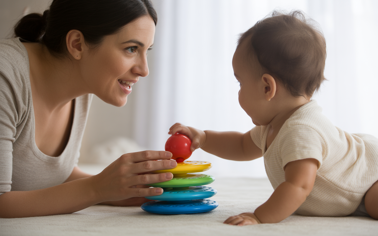 Full closeup of mother and baby engaged in learning activity, baby reaching for colorful toy during cognitive development milestone, bright natural lighting, warm nurturing interaction.