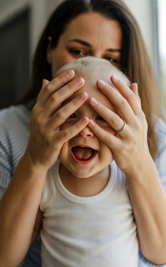 Full closeup of mother playing peekaboo with baby 7-9 months old, mother's hands covering face while baby shows anticipation and excitement, demonstrating object permanence milestone during cognitive development, warm natural lighting, joyful learning interaction.