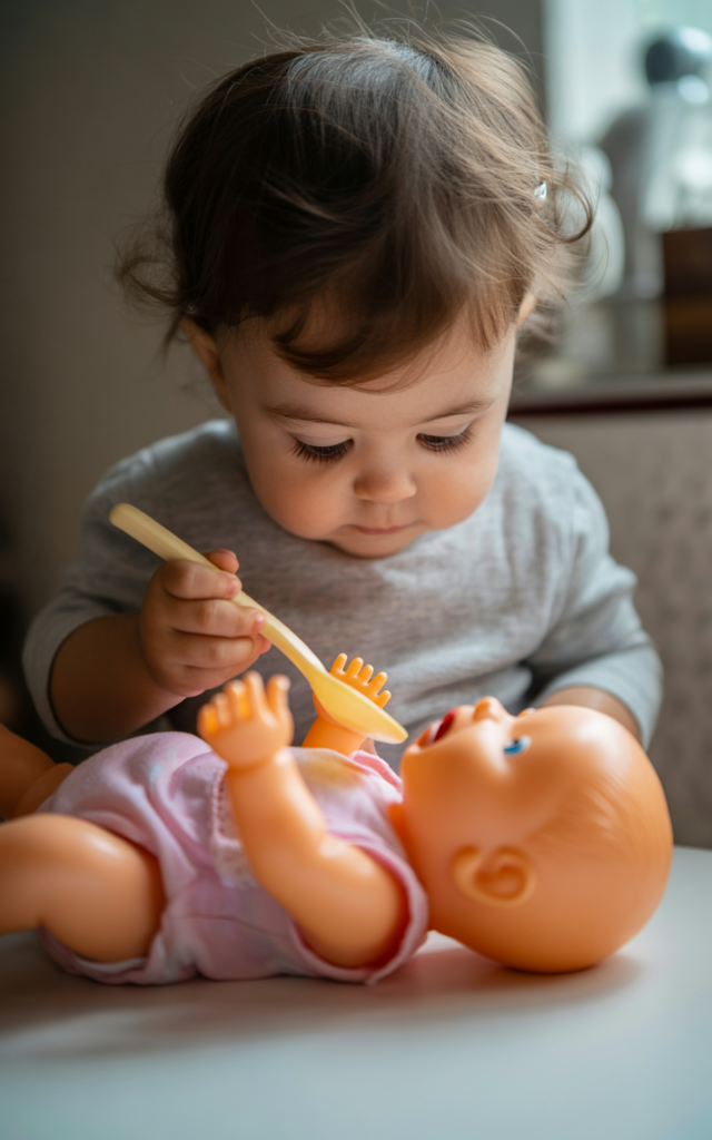 Full closeup of toddler 13-18 months old engaged in pretend play feeding baby doll with toy spoon, demonstrating symbolic thinking and imagination during cognitive development milestone, concentrated expression on toddler's face, warm natural lighting, developmental pretend play moment.
