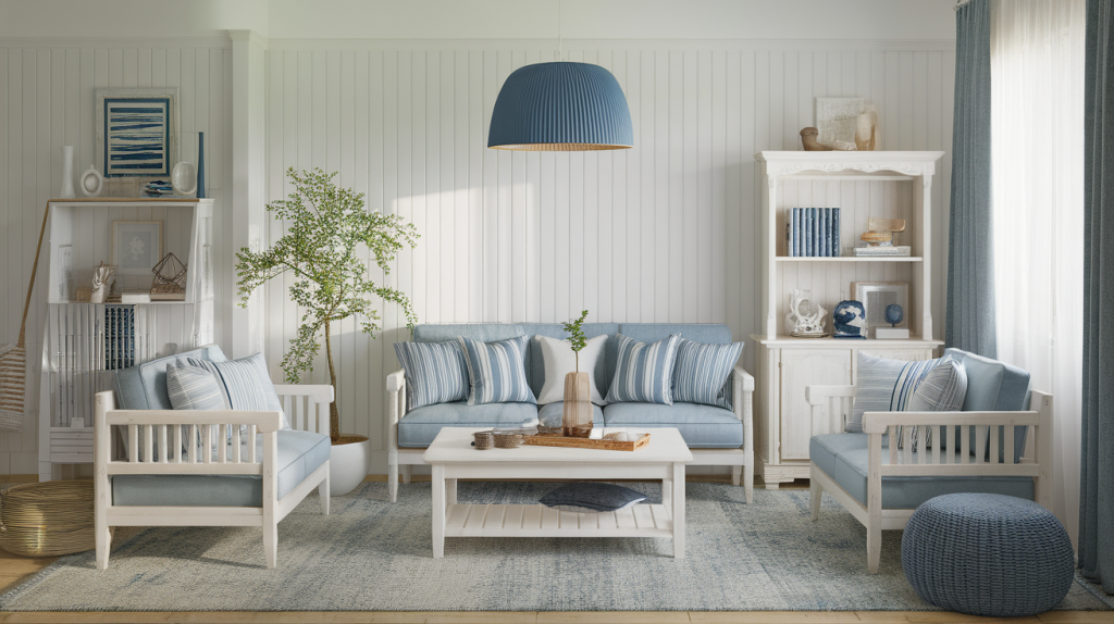 A room decor with a Coastal Living theme. The room has a white wooden sofa with a few cushions, a white coffee table, and a white bookshelf. The bookshelf has a few books and decorative items. There's a potted plant near the sofa. The room has a coastal theme with blue and white striped cushions, a blue rug, and a blue lampshade. The room is filled with soft natural light.