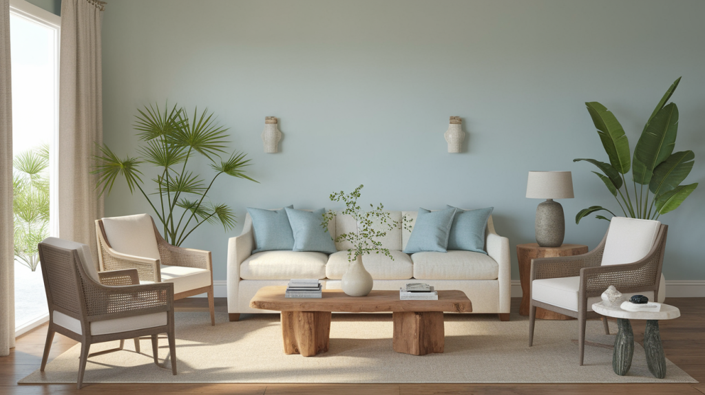 A photo of a coastal living room with soft natural light. The room has a beige sofa, a few chairs, and a coffee table made of wood. There are also some potted plants. The walls are painted in a light blue color. The floor is made of wood.