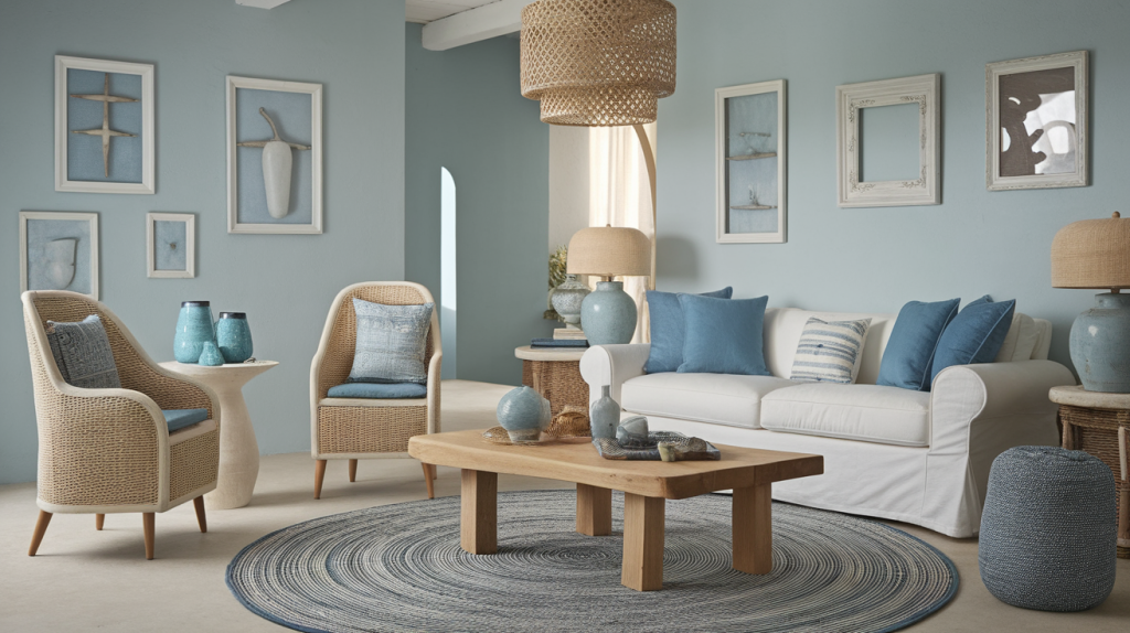 A photo of a room decor with a Coastal Living theme. There's a white sofa with blue cushions, a wooden coffee table, and a few decorative items. The walls are painted in soft blue and have white frames hanging on them. There's a large, round rug with a blue and white pattern. The room has soft natural light.