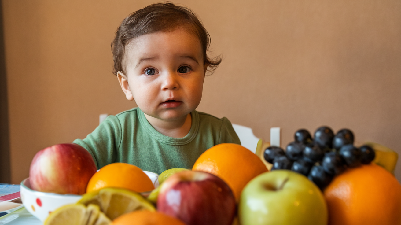 A photo of a toddler sitting at a table with a bowl of fruit. The toddler is wearing a green shirt and has a bowl of fruit in front of them. There are various fruits such as apples, oranges, and grapes. The background is a beige wall. The lighting is warm.