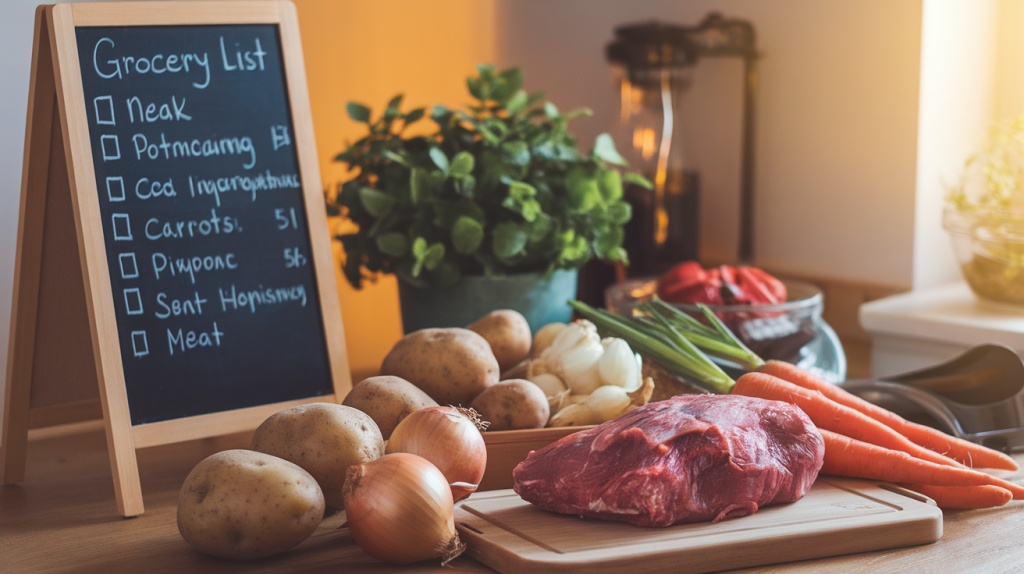 A photo of a family meal planning on a budget. There's a chalkboard with a grocery list written in chalk. There are various ingredients on a wooden surface, including potatoes, onions, carrots, and a meat. There's a green plant in a pot beside the ingredients. The room has warm lighting.