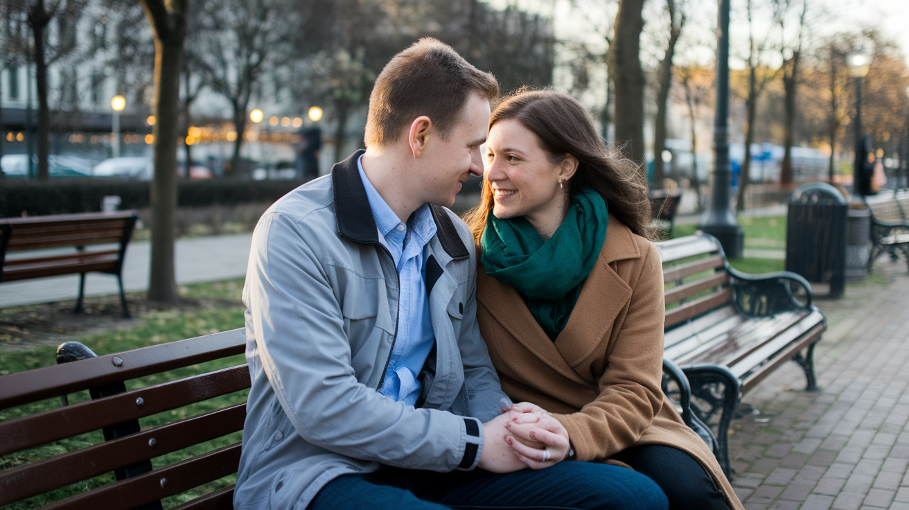 A photo of a couple sitting on a park bench. The man is wearing a gray jacket and a blue shirt, and the woman is wearing a brown coat and a green scarf. They are facing each other and are holding hands. The background is a city park with trees, benches, and a brick path. The lighting is warm.