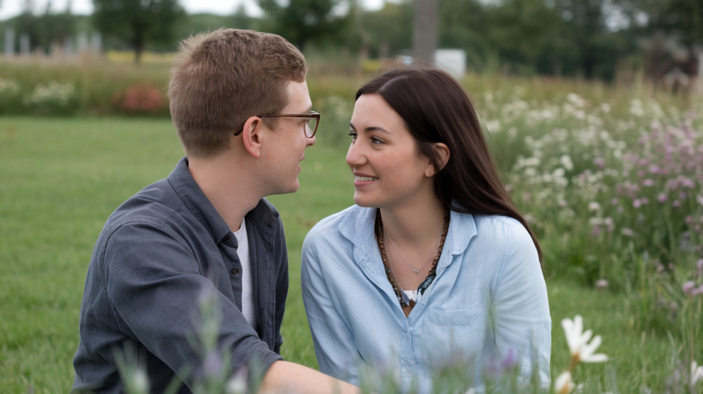 A photo of a side profile of a couple in love talking. The man has short brown hair, wears glasses, and is wearing a grey shirt. The woman has long dark hair, wears a necklace, and is wearing a light blue shirt. They are sitting on a green grassy field, surrounded by flowers. The background contains a few trees.