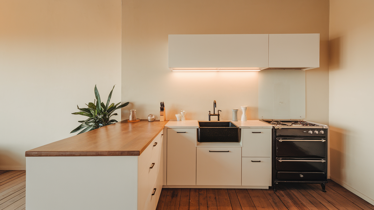 A photo of a minimalist full kitchen with warm lighting. The kitchen has a white countertop and a black sink. There is a white cabinet above the sink. There is a black stove with two burners and a black drawer below the sink. The floor is made of wooden planks. There is a potted plant near the sink. The walls are painted in a light beige hue.