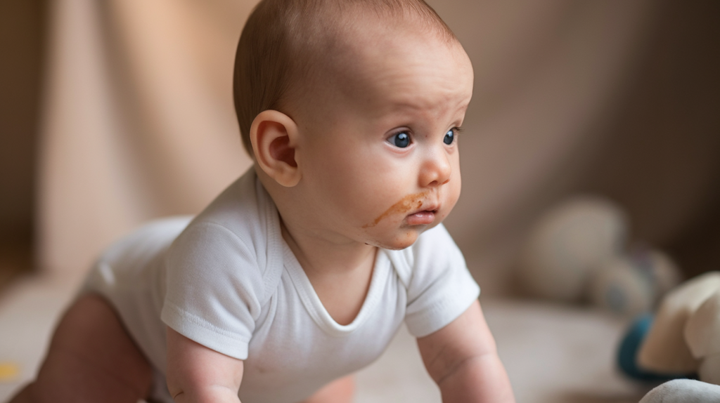 A photo of a baby with a side profile. They are around six months old and trying to crawl. The baby is wearing a white onesie and has a few drool stains. The background is soft and warm, with a few soft toys within arm's reach.