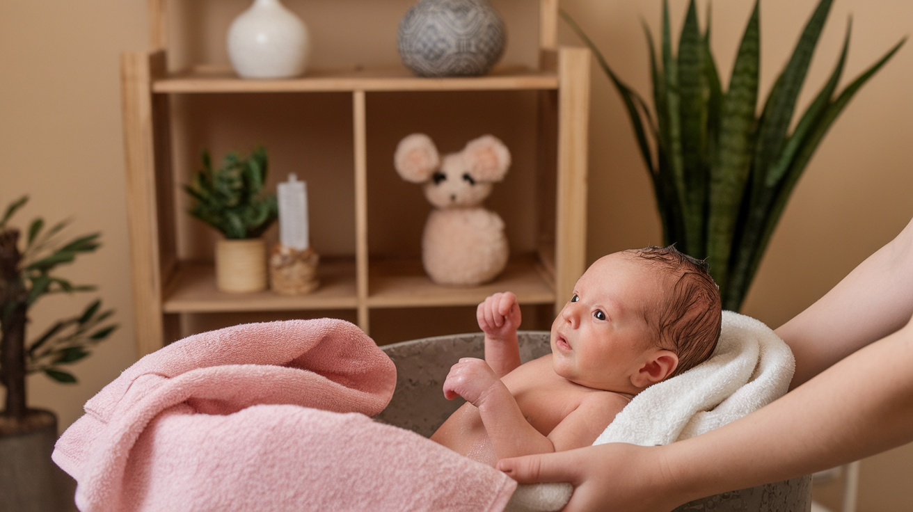 A photo of a newborn baby being bathed in a warm room with a pink towel nearby. The baby is wrapped in a white blanket. The room has a wooden shelf with decorative items. There's a plant next to the shelf.