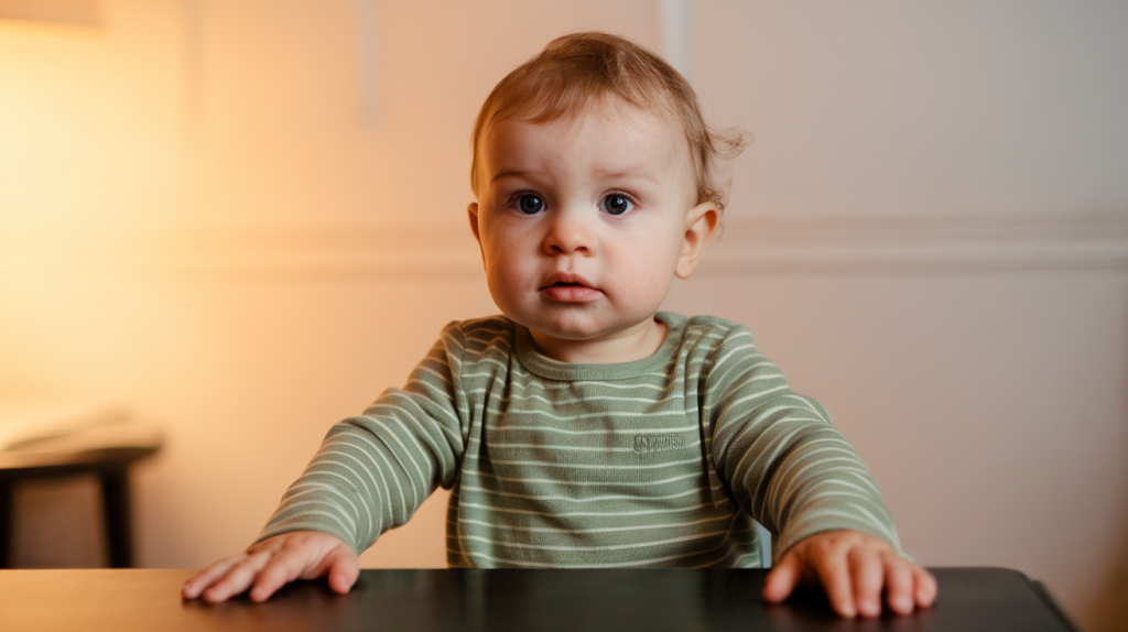 A photo of a toddler sitting at a table, his hands firmly placed on the table. He is wearing a green striped shirt. The background contains a white wall and a lamp. The lighting is warm.