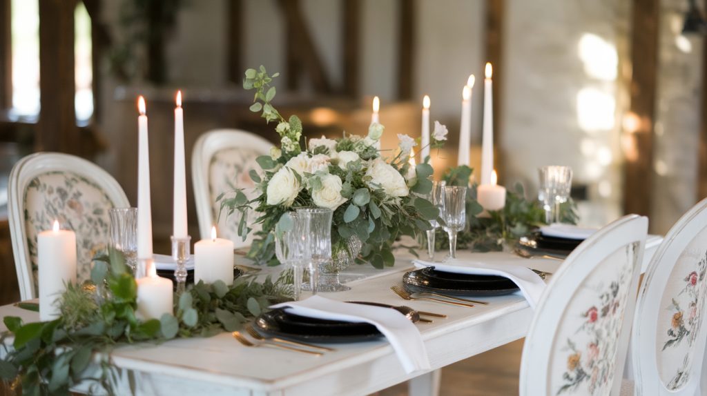 A photo of a wedding table with soft natural light. There are white candles, greenery, and flowers as decor. The table has a white tablecloth and black tableware. There are also white chairs with a floral pattern. The background is blurred, revealing a rustic setting with wooden beams and stone walls