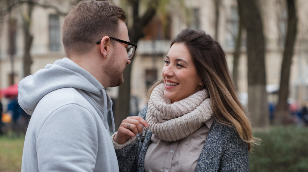 A photo of a couple in love talking. The man has short brown hair and wears glasses. He has a beard and wears a gray hoodie. The woman has long brown hair and wears a beige scarf around her neck. She wears a gray sweater and a beige shirt. They are in a park with trees and a building in the background.