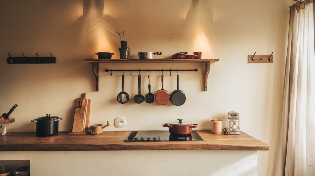 A photo of a minimalist full kitchen with warm lighting. The kitchen has a wooden countertop and a few pots and pans. There is a wall-mounted wooden shelf with a few items. The floor is made of wood. The wall has a few hooks. There is a window with curtains.