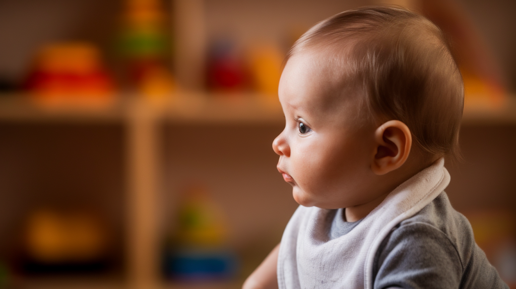 A photo of a baby's side profile with warm lighting. The baby is about six months old and has light brown hair. The baby is wearing a gray onesie and a white bib. The background is blurred and consists of wooden shelves with toys.