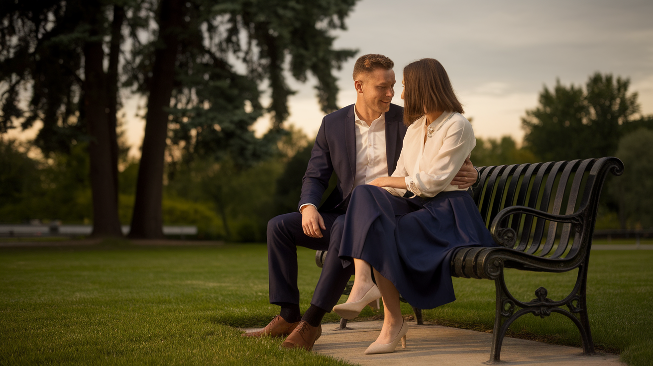 A photo of a couple dating in a romantic setting. The man is wearing a navy blue suit and the woman is wearing a white blouse and a navy blue skirt. They are sitting on a park bench in a lush green park. The background contains tall trees and the sky is overcast. The lighting is warm.