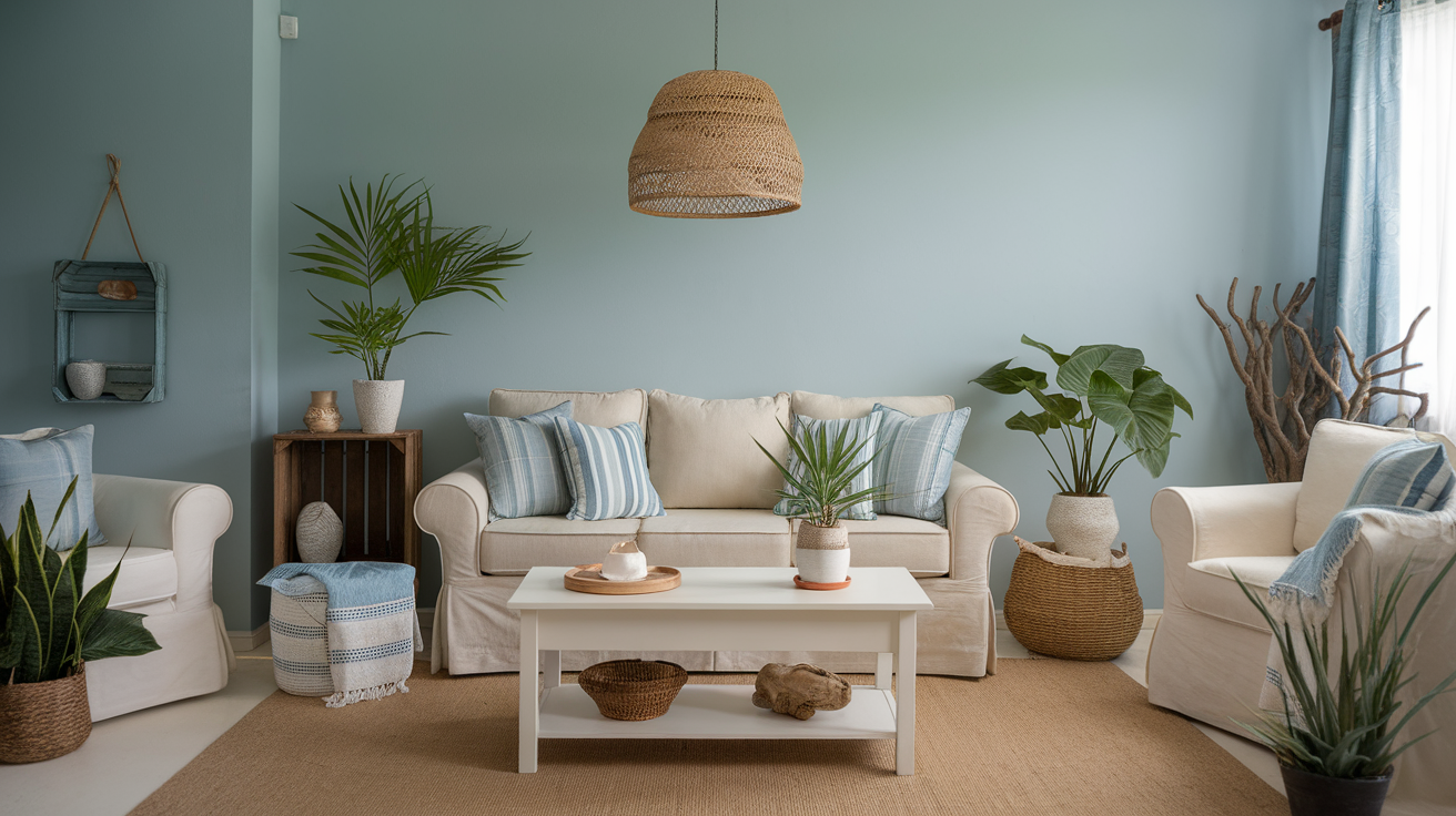 A photo of a room with a Coastal Living theme. The room has a beige sofa, a white coffee table, and a few potted plants. There are also some decorative items, such as a wooden crate, a basket, and a driftwood holder. The walls are painted in soft blue. The room has a soft natural light.