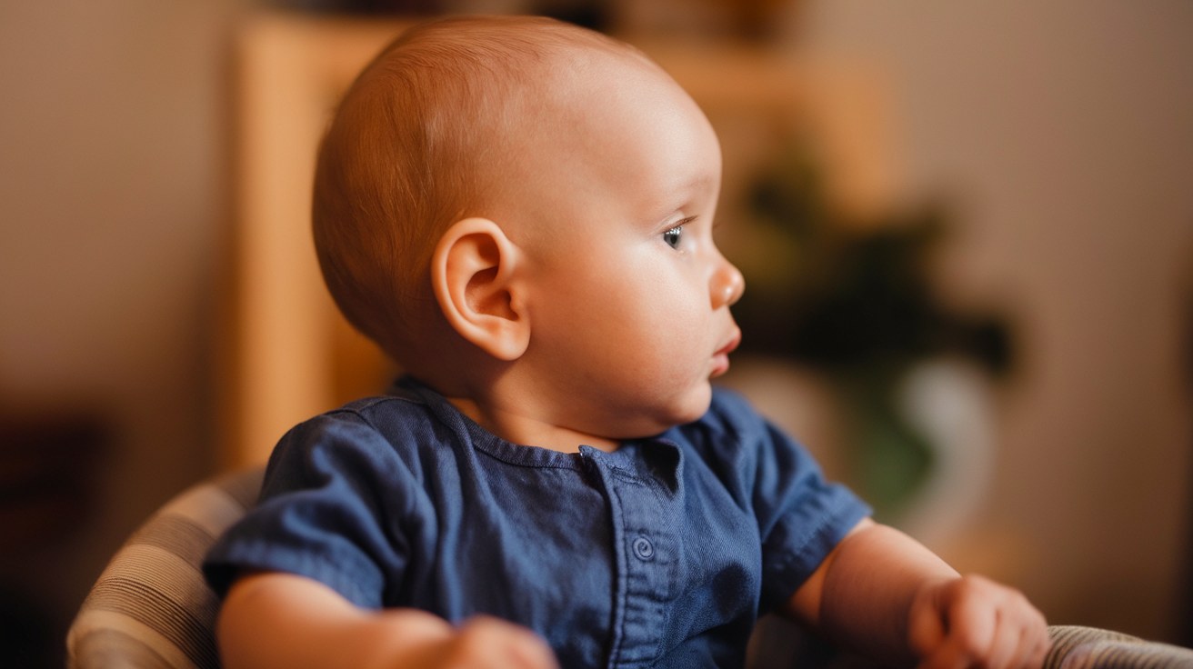 A photo of a baby's side profile with a close-up shot. The baby is around one year old and is sitting in a chair. The baby is wearing a blue jumpsuit. The background is blurred and contains a wooden structure and a plant. The lighting is warm.