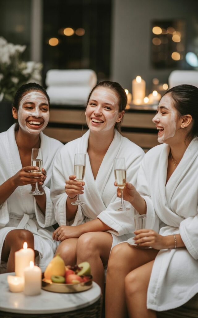 A group of three women in their 30s enjoying a luxurious spa birthday celebration together