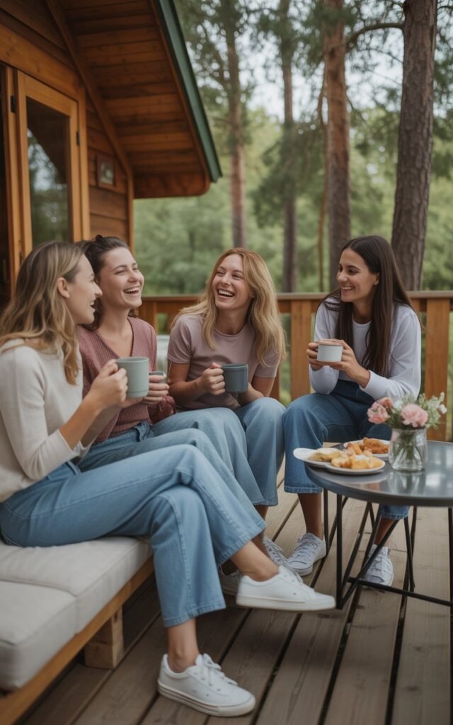 A group of three women in their 30s relaxing on the wooden deck of a cozy rental cabin surrounded by trees
