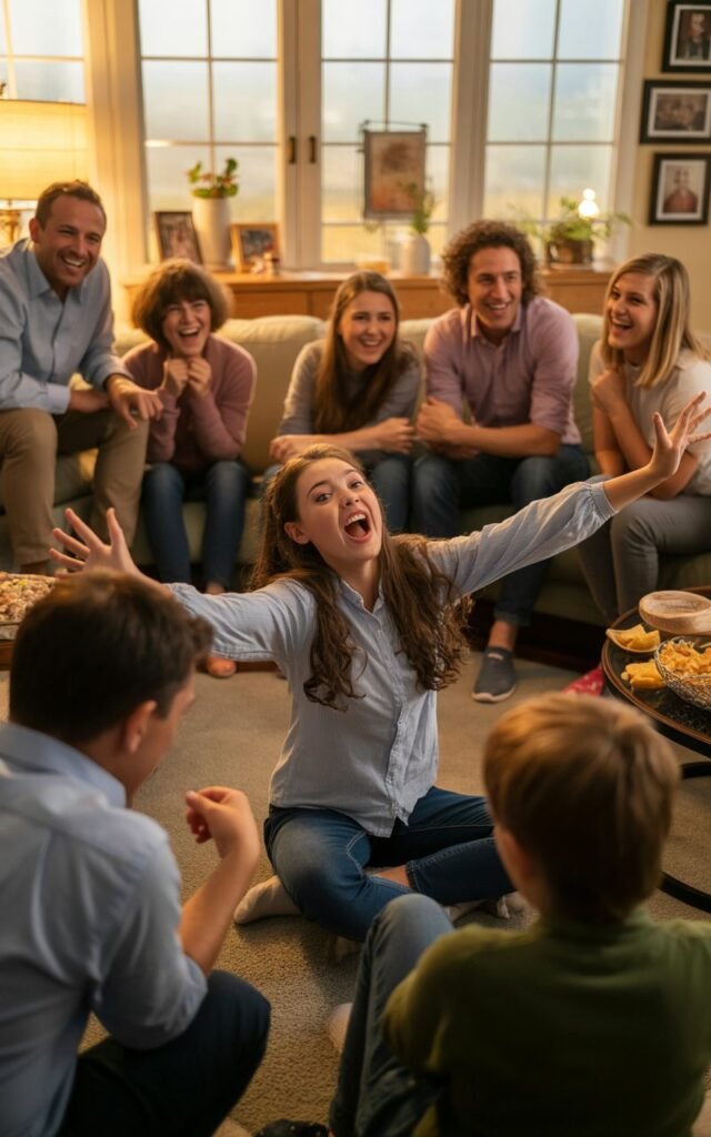Family members playing Charades
