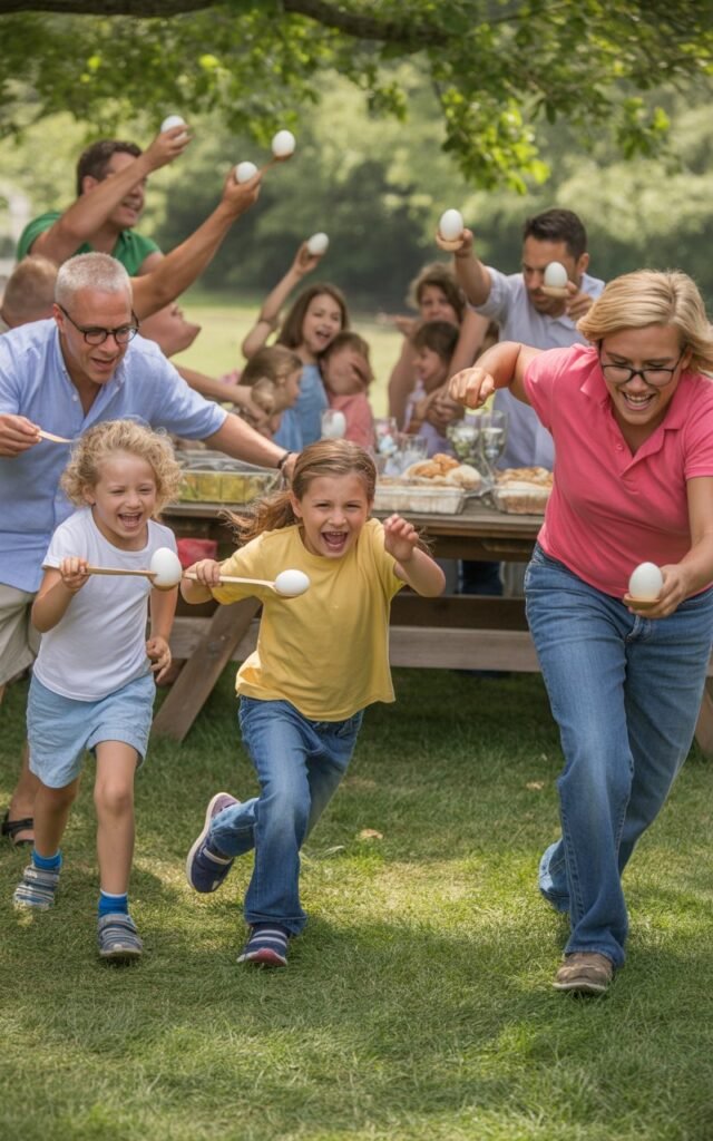 Family members playing Egg and Spoon Race 