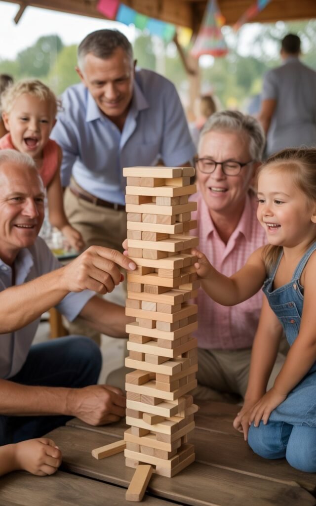 Family members playing Giant Jenga