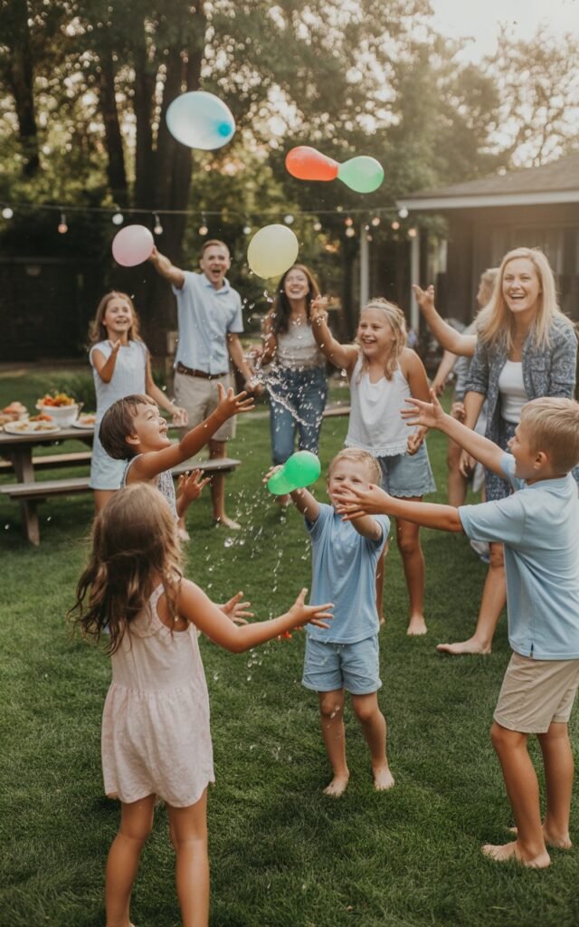 Family members playing Water Balloon