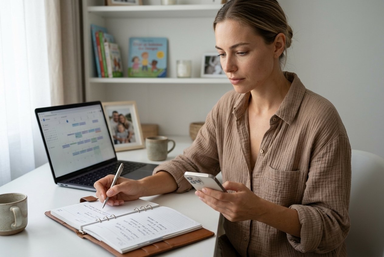 French woman managing a co-parenting schedule on her smartphone at a home office desk