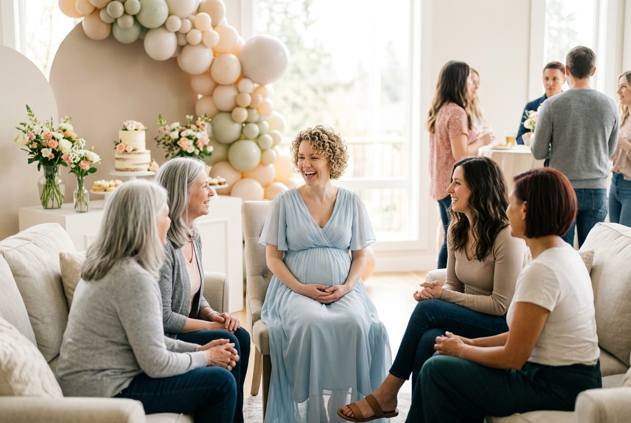 Minimalist baby shower table with white and cream decor