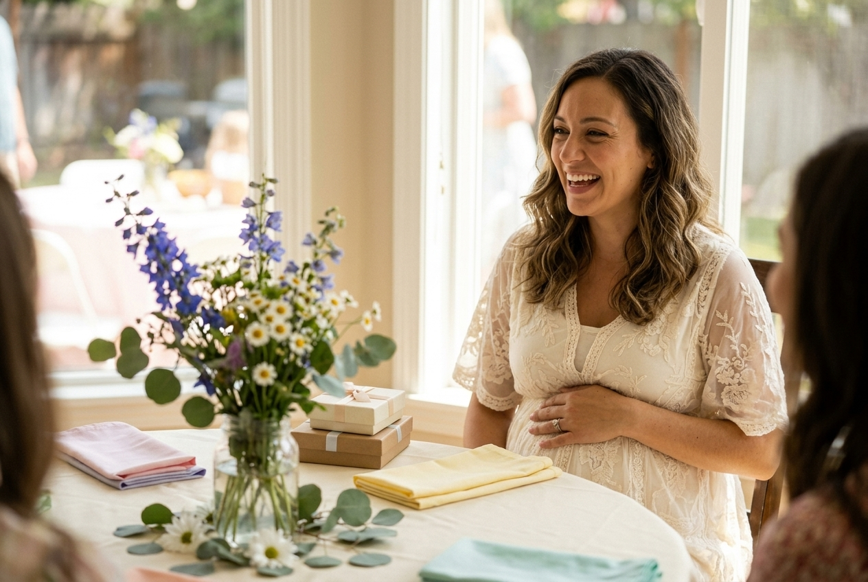 Pregnant woman smiling at a modern decorated baby shower table