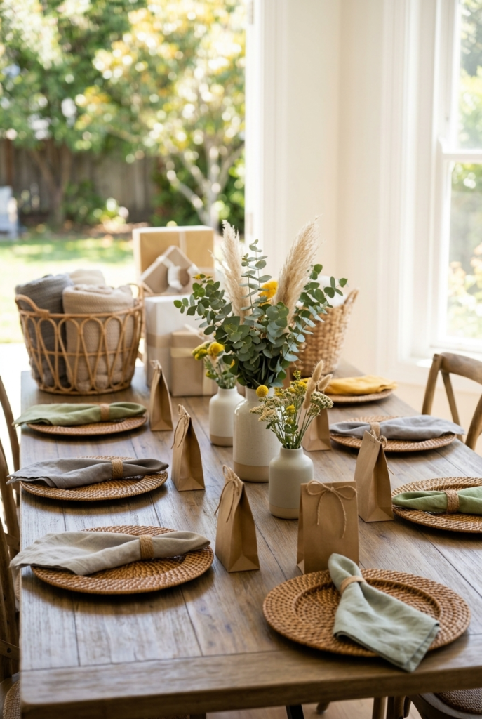 Gender neutral baby shower table with green yellow and gray decor