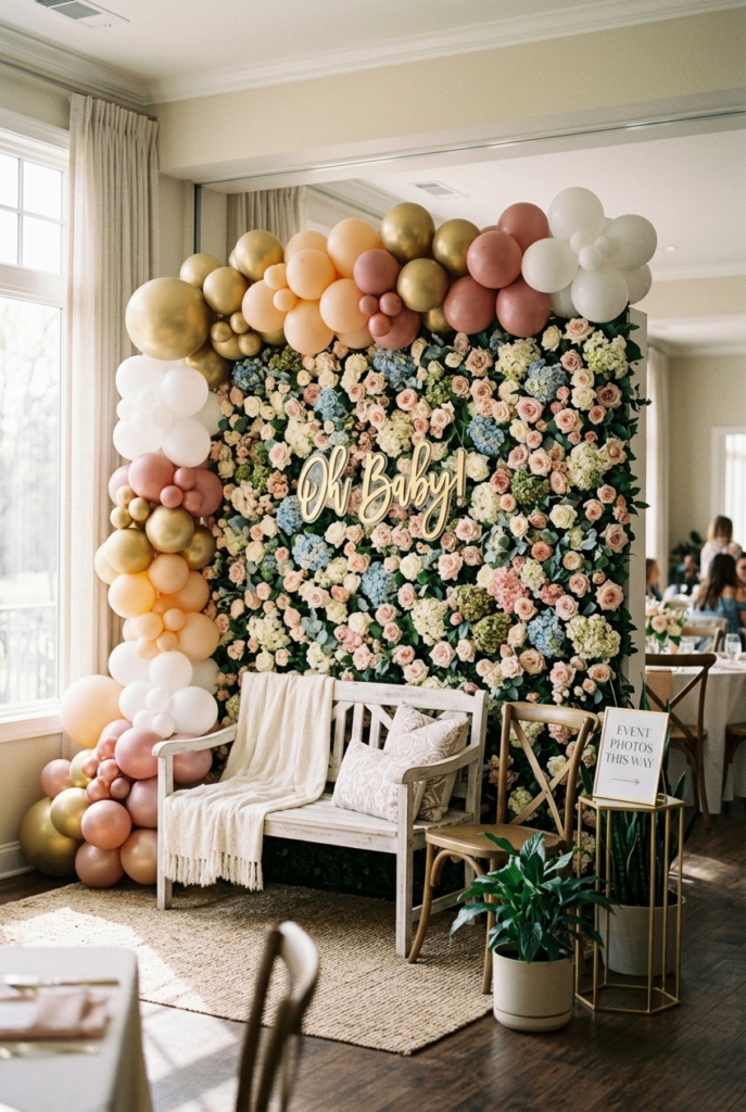 Floral photo backdrop set up for a baby shower