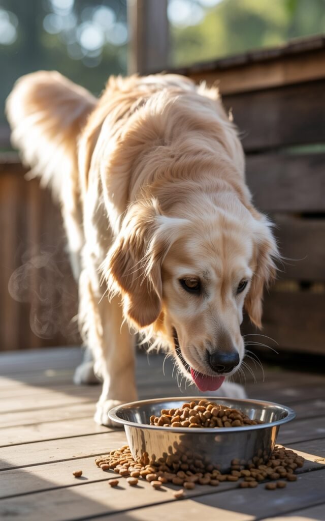 A close-up photograph of a golden retriever enthusiastically eating from a stainless steel food bowl