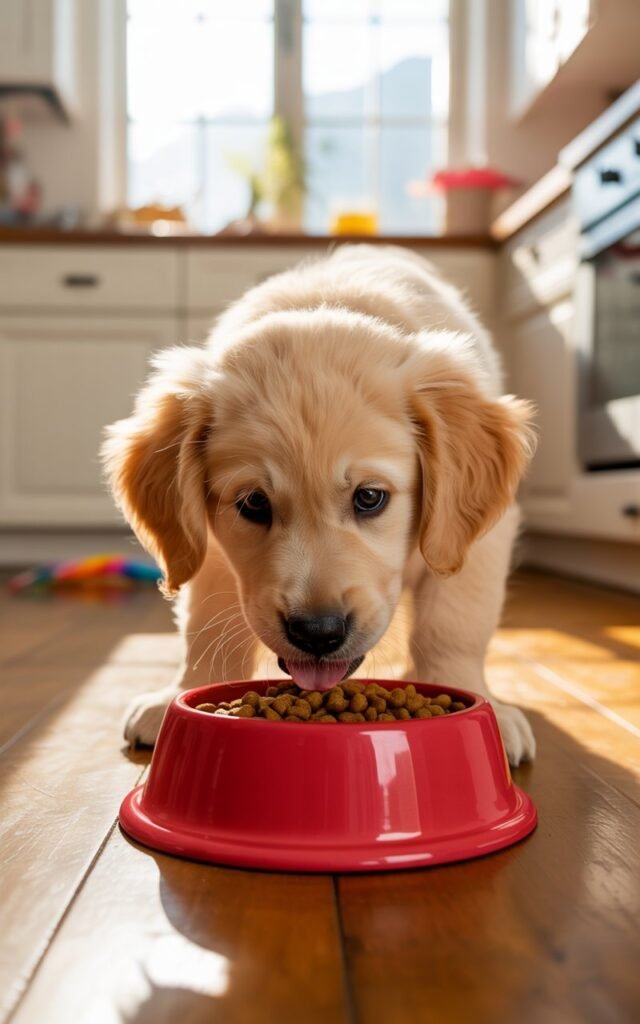 A heartwarming photograph of an adorable
golden retriever puppy eagerly eating from a bright red ceramic food bowl.