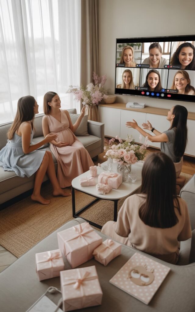 A modern and elegant hybrid baby shower scene combining in-person and virtual elements