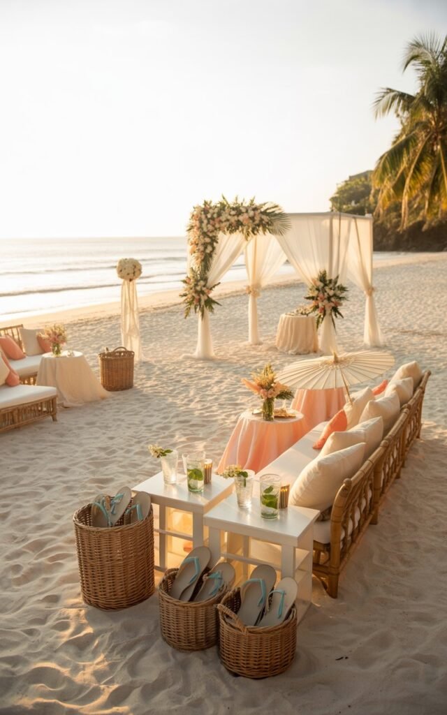 Beach Wedding with Beach-Inspired Guest Comfort Stations