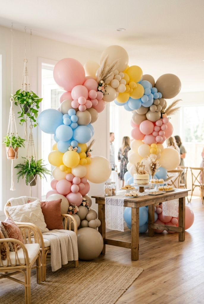 Pastel rainbow balloon arch at a boho baby shower