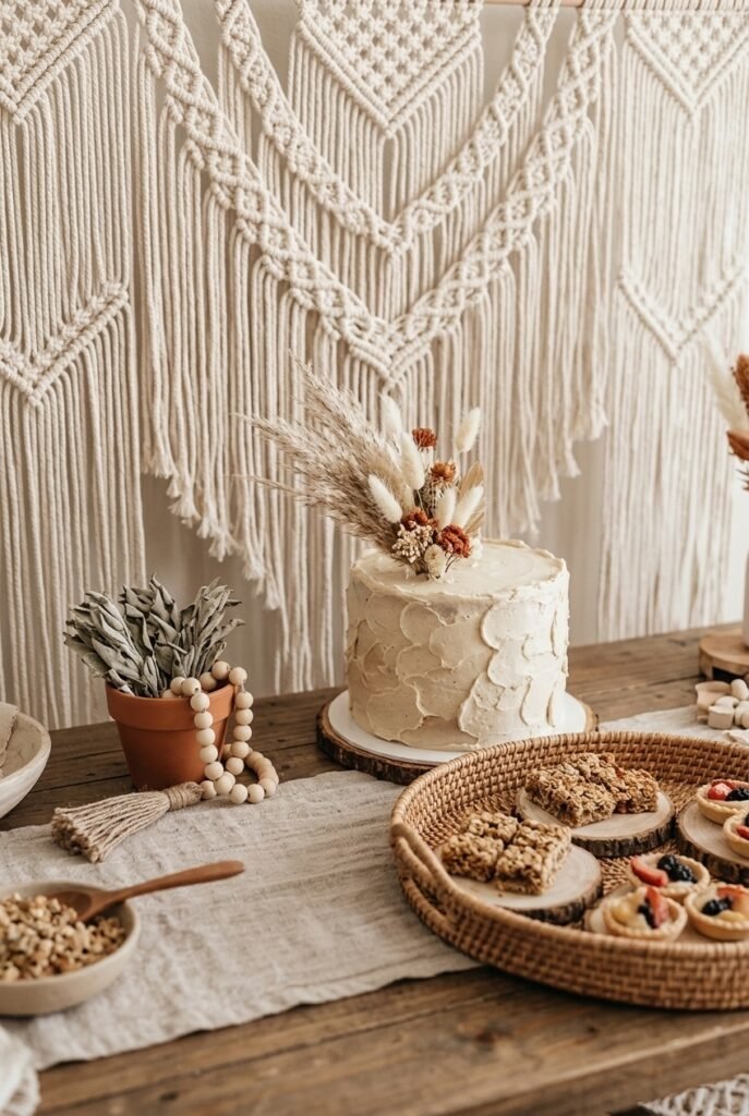 Boho neutral baby shower setup