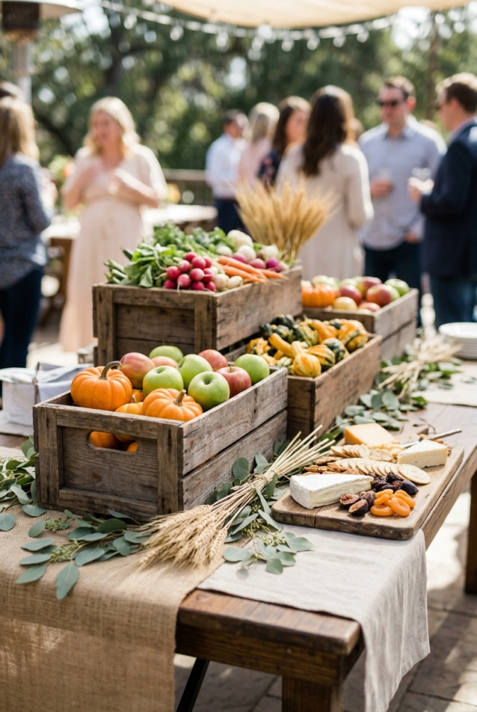Farm fresh baby shower table with produce crates and cheese board