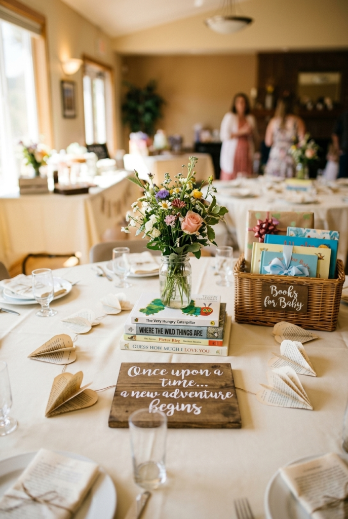 Storybook themed baby shower table with children's books and florals