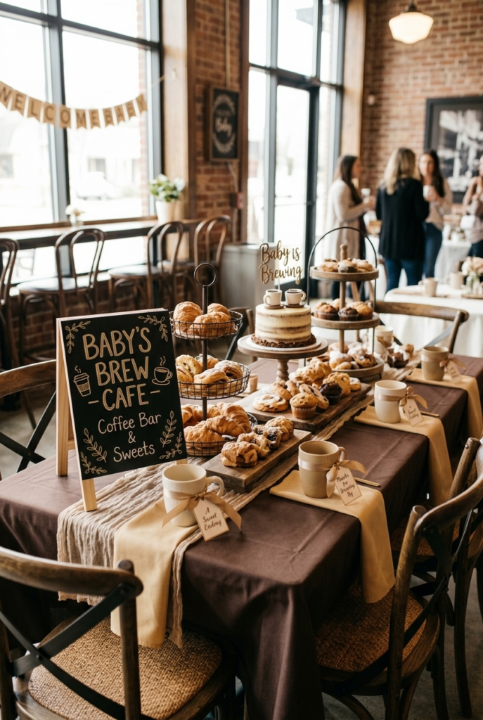 Coffee themed baby shower table with pastries and mug favors