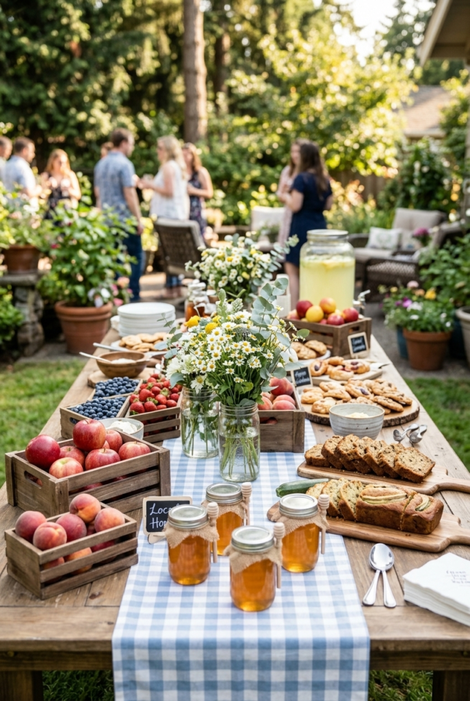 Farm fresh baby shower table with wildflowers and wooden crates