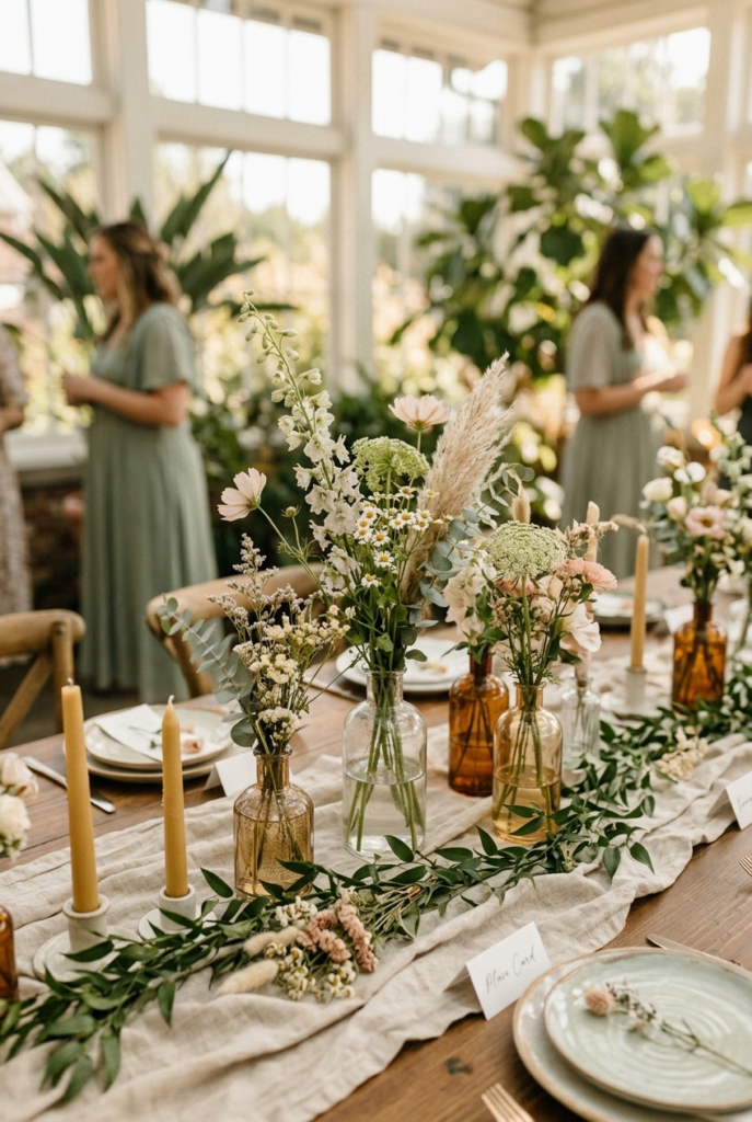 Wildflower garden themed baby shower table with sage and blush florals