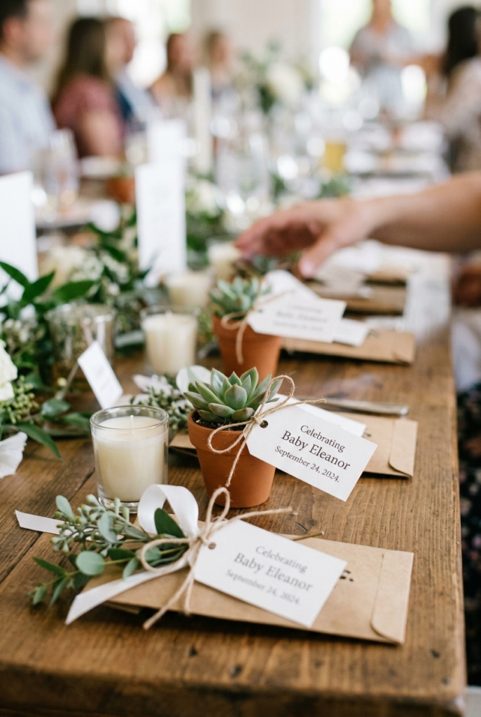 Personalized baby shower favors with custom name tags on table
