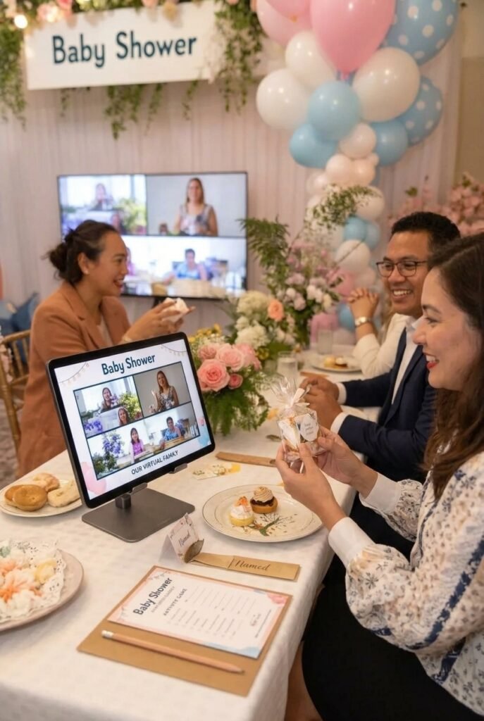 Hybrid virtual baby shower setup